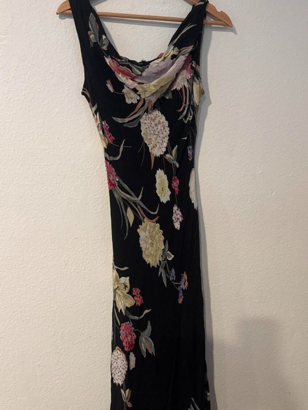 Vintage Eva Blue black floral maxi dress with white, pink, and cream flowers,
